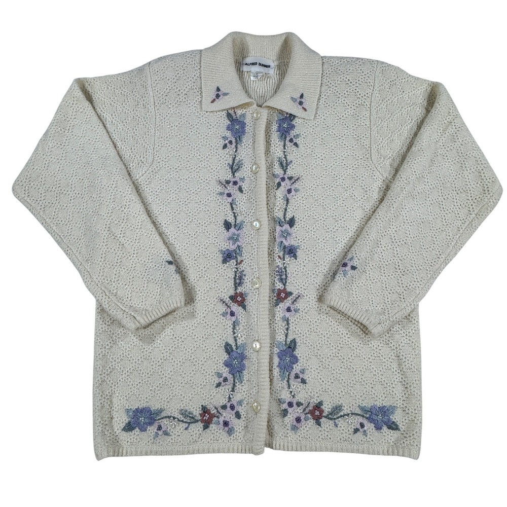 Vintage Alfred Dunner Cream Floral Embroidered Button Front Cardigan Women's S